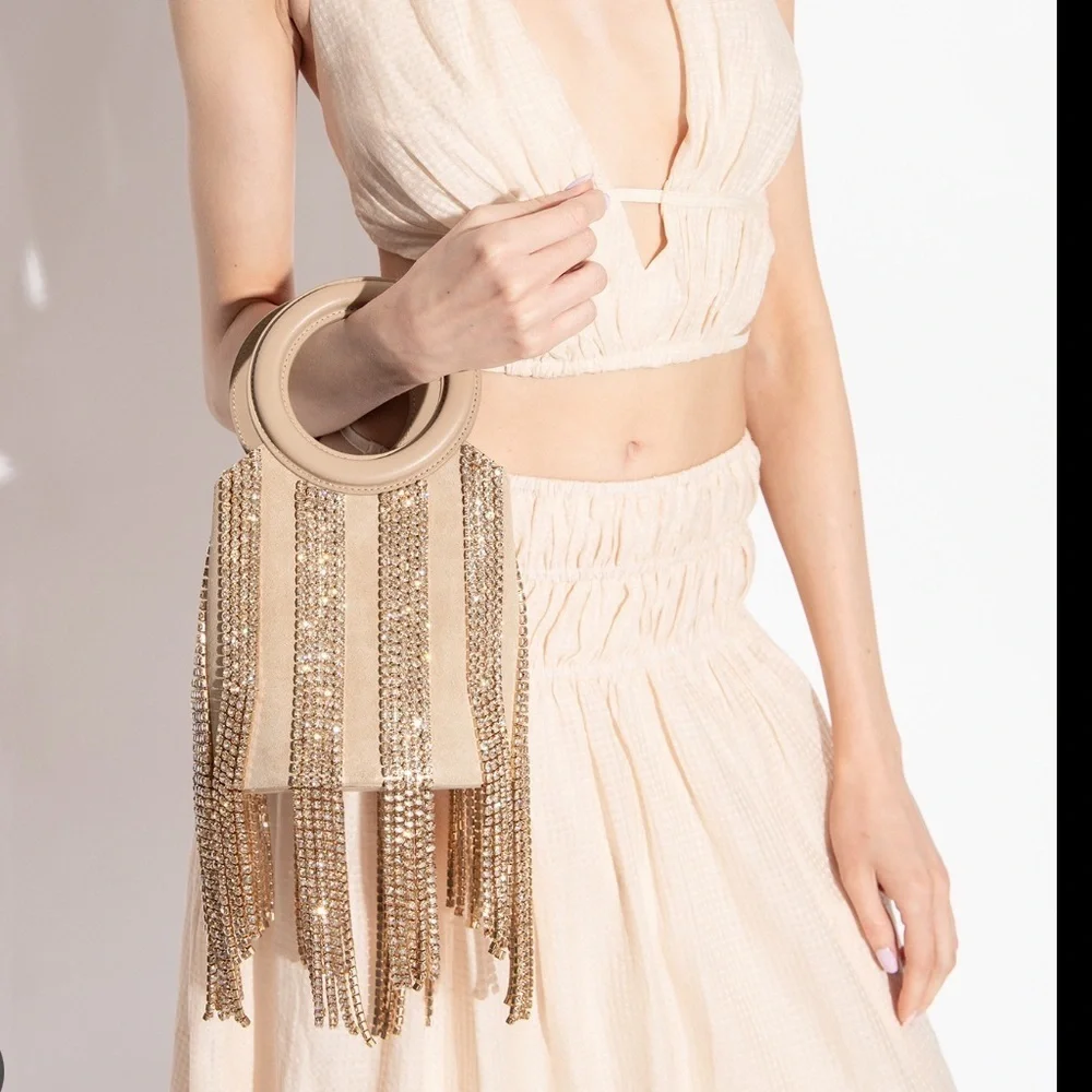 Cult Gaia Taryn Embellished Top Handle Bag in Sand Dollar